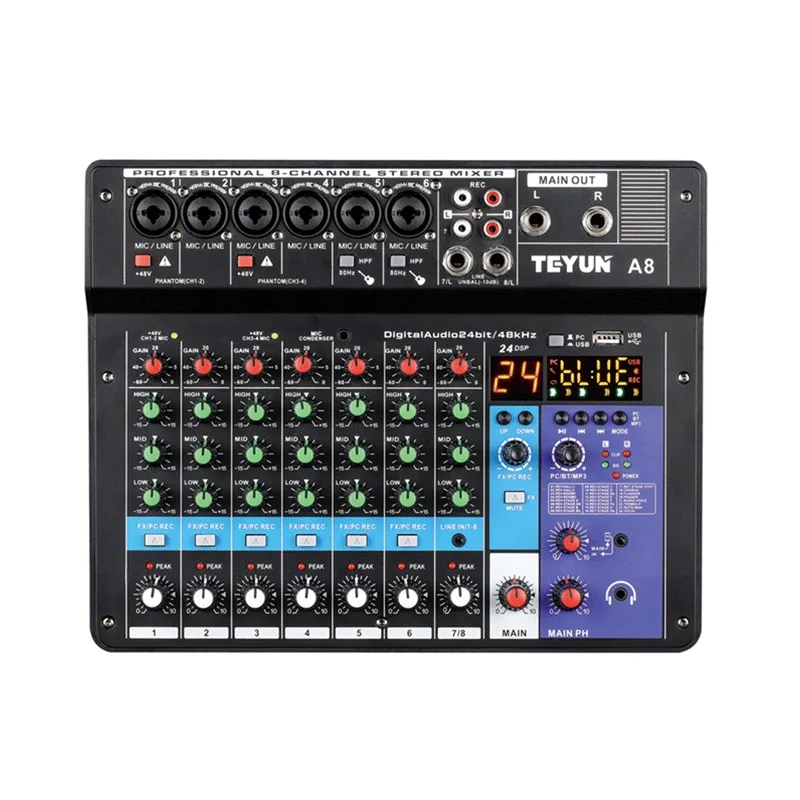 A8 프로페셔널 오디오 믹서 8채널 블루투스 5.0 USB 24DSP 이펙트 48V 팬텀 파워 라이브 스트리밍 녹음 PC/폰 지원