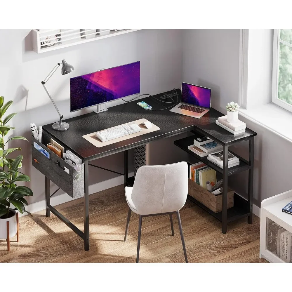 

40 Inch Small L Shaped Gaming Computer Desk with Power Outlets,Reversible Storage Shelves & PC Stand for Home Office,Study Table