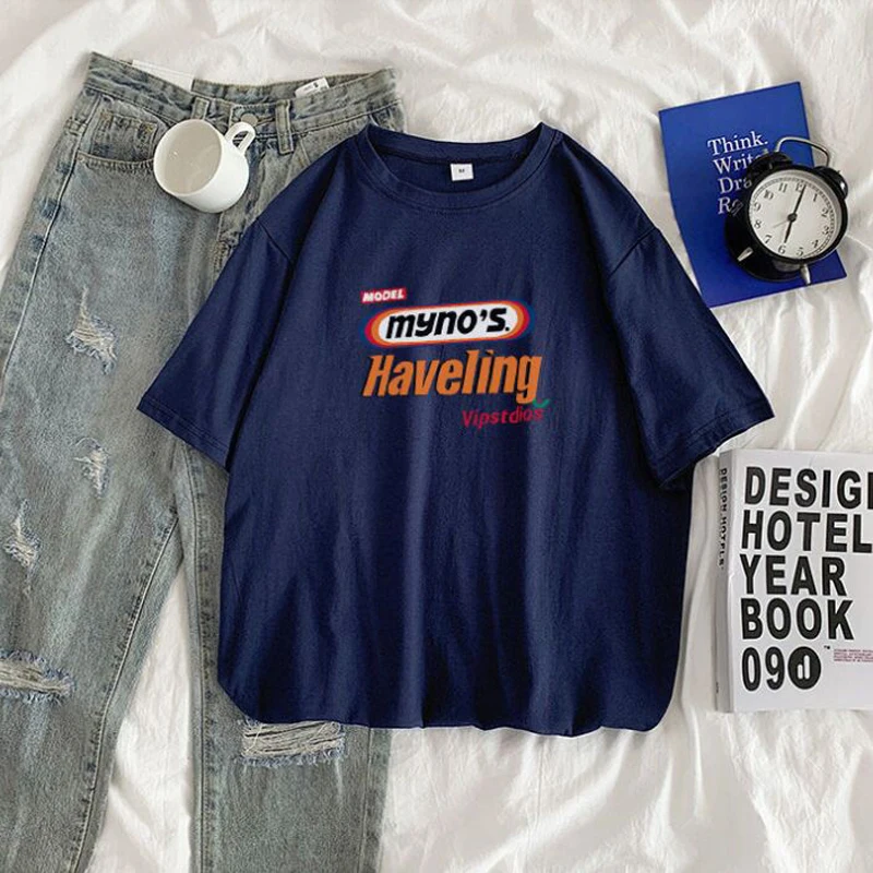 

Женские футболки с коротким рукавом, Повседневная модная свободная уличная одежда в Корейском стиле Харадзюку С буквенным принтом и круглым вырезом, универсальная простая одежда NS5103