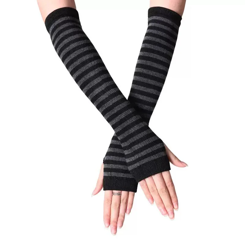 Women's gloves half-finger gloves autumn and winter long gloves arm cover finger-exposed wool gloves striped hand warmer - 6