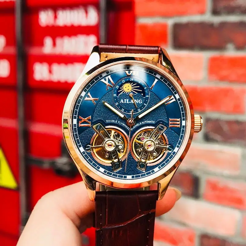 Mechanical Watch Business Watch Link AILANG Double Tourbillon Design Business Men Mechanical Watch Fashion Leather Moon Phase Automatic