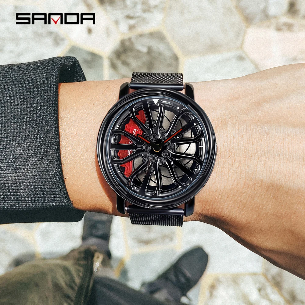 SANDA P1057 2023 New Fashion Waterproof Stainless Steel Quartz WristWatch Sports Men's Watches With Car Wheel Rim Hub Design