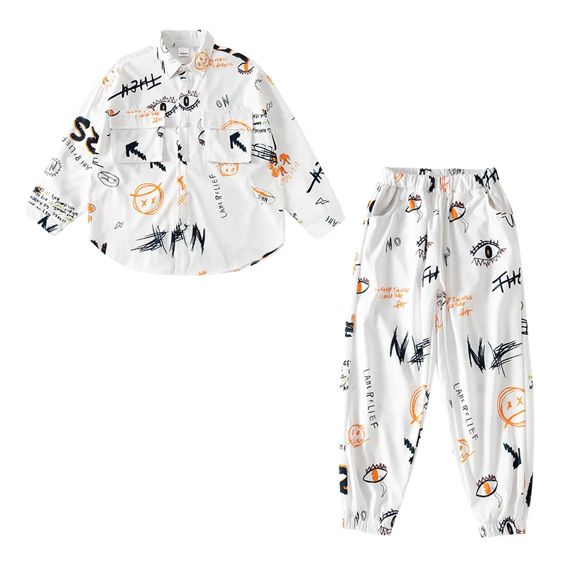 Fashion Graffiti White Hip Hop Costumes 4 Girls Boys Ballroom Stage Outfit Perform Kids Dance Competition Jazz Dancing T Shirts