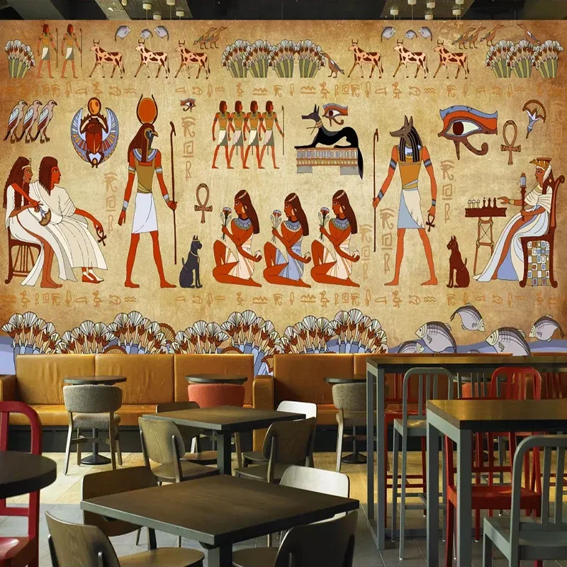 Papier peint photo de style européen rétro 3D, peintures murales de statue de pharaon égyptien de prairie, mur de toile de fond d'hôtel de restaurant 73