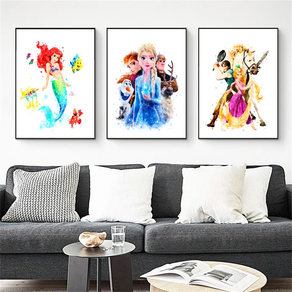 

MINISO Disney Princess Canvas Poster Princess Watercolor Cartoon Prints Posters Wall Art Pictures for Girl Bedroom Room Decor