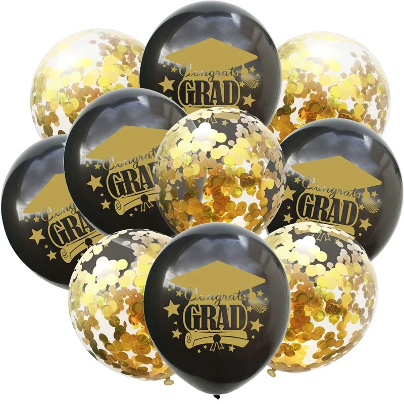 

12pcs Graduation Balloons Gold Silver Black Latex Balloon Confetti Ballons 2024 Congratulation Grad Party Decoration Supplies