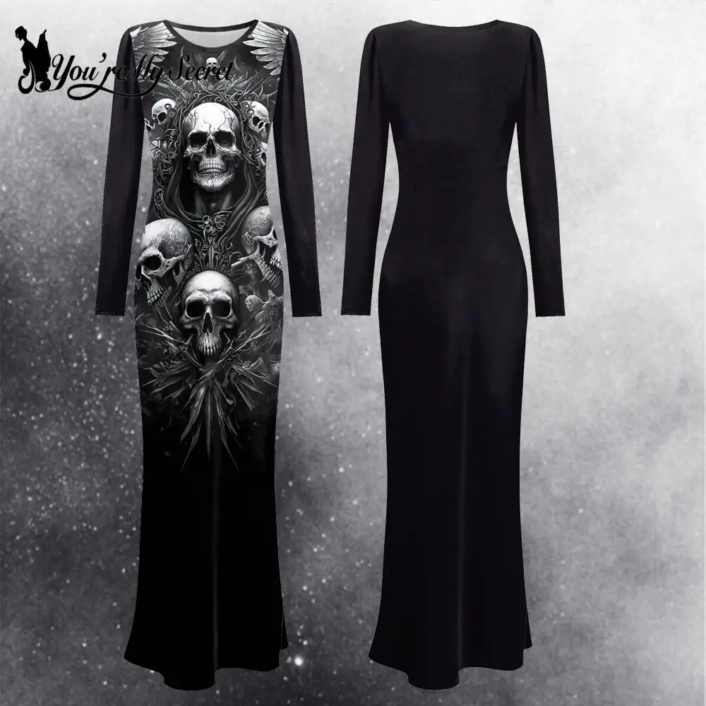 

[You're My Secret] Long Sleeved Dress Retro Punk Goth Dress Women Costume Girl Adult Skull Printing Halloween Fancy Prom Dress