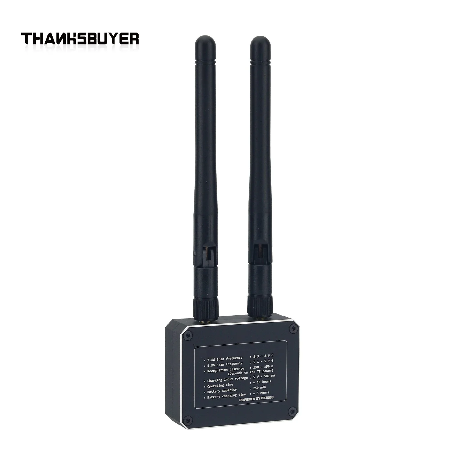 Scanner de Fréquence 2.4G/5.8G avec antenne double bande, posé à côté d'un drone FPV, prêt à l'emploi.