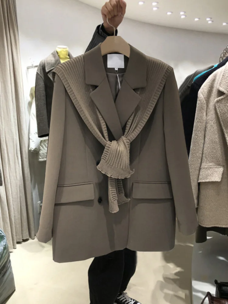 

Women Blazer Coat Knitted Shawl Patchwork Double Breasted Fashion Loose Casual Lady Spring Autumn New Korean Style 15G0637