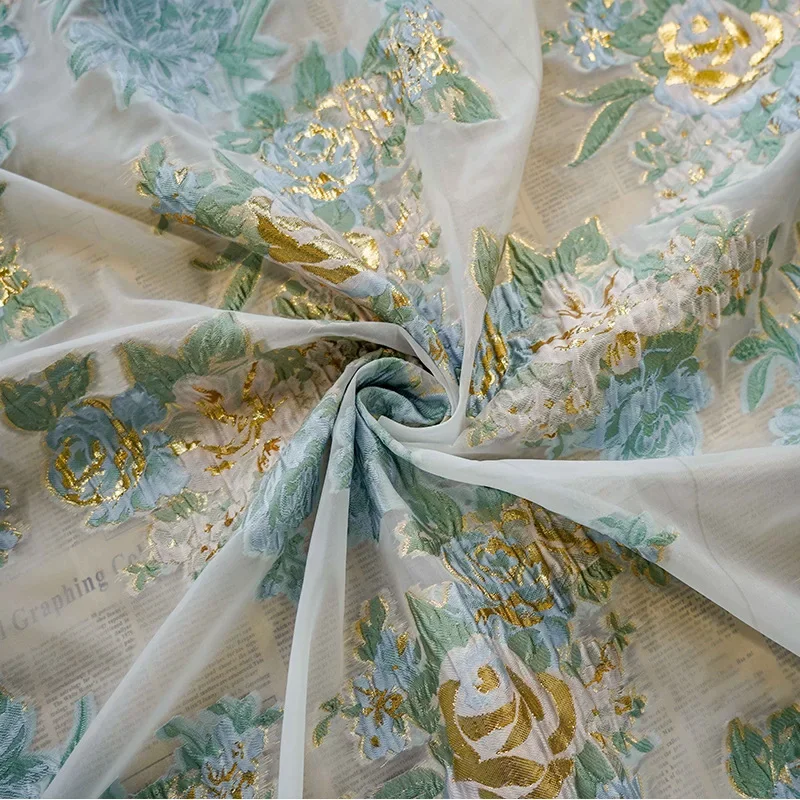 Tüll Gold Seidengarn gefärbt Jacquard Stoff Damen Blumenkleid Retro Hochzeitskleid Tasche dekorativer Nähstoff