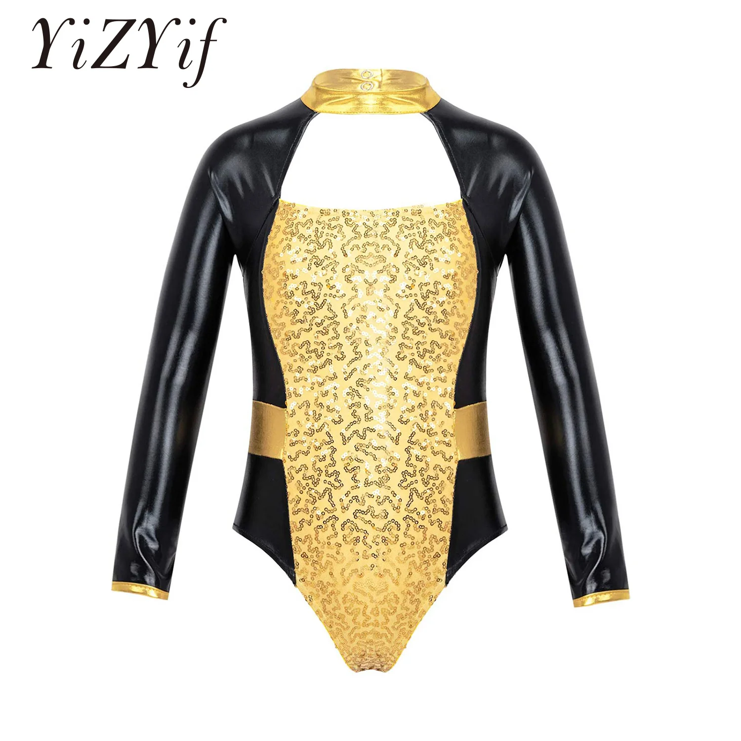 

Teens Girls Shiny Sequins Leotard Gymnastics Long Sleeve Ballet Dance Dress Unitards for Kids Hollow Children Jazz Dance Costume