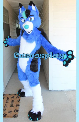 

Long Fur Furry Blue Wolf Mascot Costumes Husky Dog Fox Fursuit Mascot Fancy Party Dress Halloween Costumes Adult Size