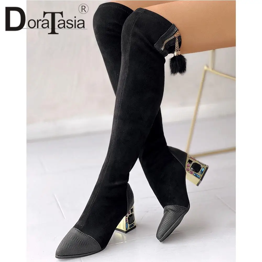 Brand New Ladies Pointed Toe Thigh High Boots Fashion Patchwork Chunky Heel women's Over The Knee Boots Casual Party Woman Shoes