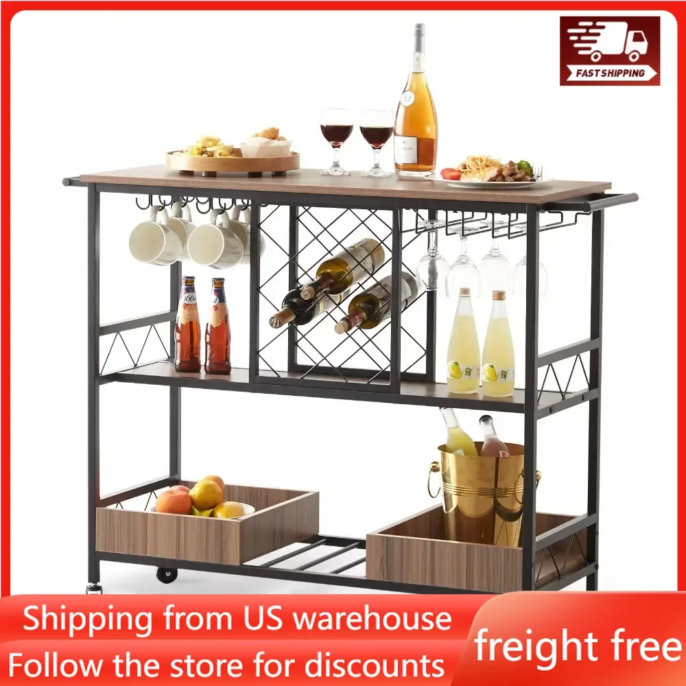 

3-Tier Bar Serving Cart Rolling Trolley With Wine Grid Glass Holder 300lbs Freight Free Kitchen Furniture Home