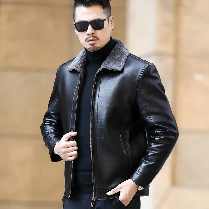 Men's Fur One Casual Thickened Motorcycle Jacket Mens Fashion Leather Jacket Male Plus Cashmere Sheep Leather Short Coat leather jackets