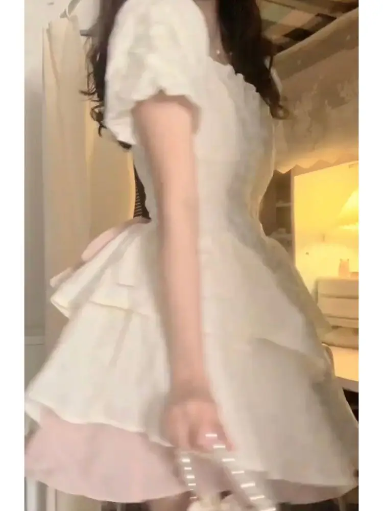 الكورية نمط فقاعة كم فراشة عقدة مربوط فستان المرأة...