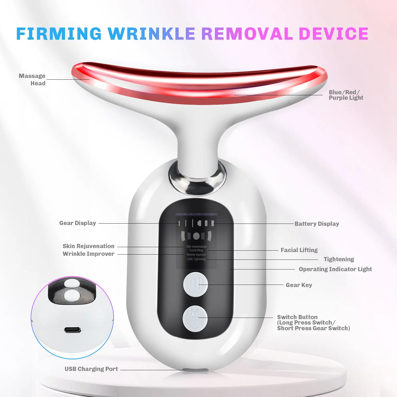 EMS Face Lifting Microcurrent Massager Face Neck Beauty Device LED Photon Reduce Double Chin Anti Wrinkle Tightening Neck Skin
