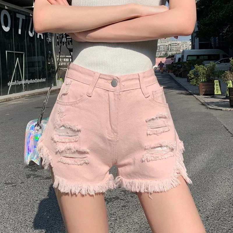 

Mini Girls Pink Ripped Denim Shorts Women's 2023 Hot Summer Thin Short Booty Pants With Holes Tassel