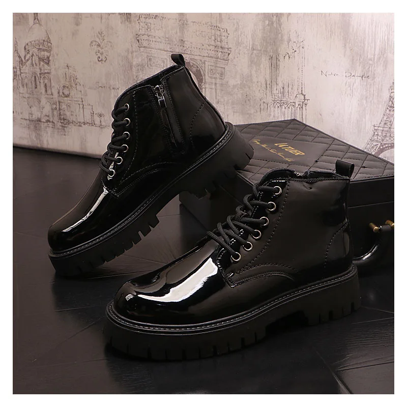 

men's fashion wedding party dress platform boots black trendy patent leather shoes cowboy ankle boot spring autumn short botas