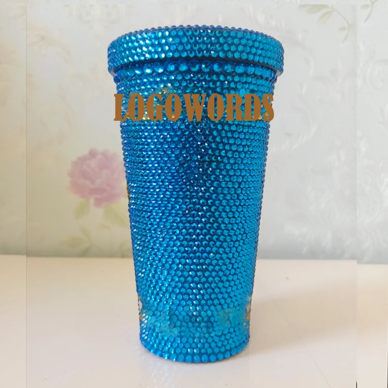 Luxuriöser, mit Strass besetzter Edelstahl-Strohhalmbecher, funkelnde 500-ml-Thermoskanne aus Glas mit Strasssteinen, modische Kaffeetasse – Detail 2