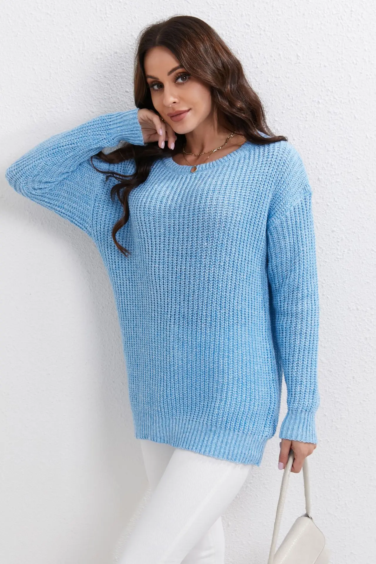 Europäischen Amerikanischen Einfarbig Rundhals Pullover frauen Herbst Winter Neue Lose Lange ärmeln Pullover Pullover – Detail 10