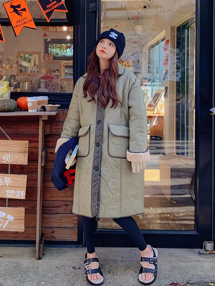 Military Green Medium Length Cotton Jacket for Women in Winter, Korean Version, Loose Fitting Artificial Lamb Fur Inner Iining,