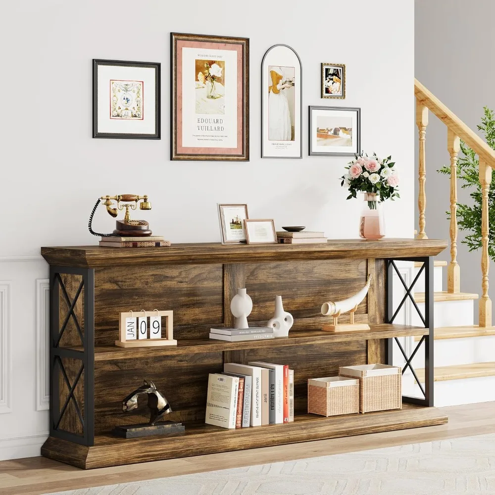 63 Inch Long Console Table with 3-Tier Storage, Industrial Wooden Sofa Table for Living Room Entryway