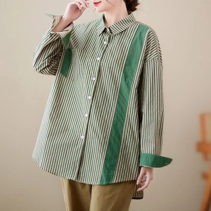 

2023 New Japanese Korea Style Patchwork Striped Chic Loose Autumn Vintage Blouse Shirts Fashion Women Casual Spring Blouse