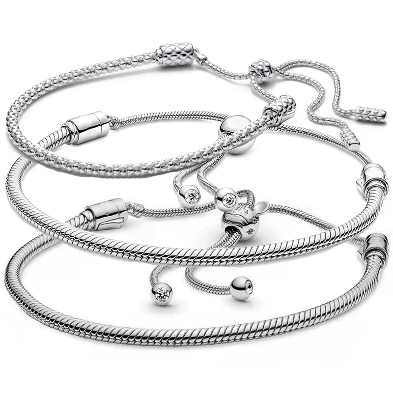 

Original Moments Studded Chain Slider Mouse Clasp Adjust Bracelet 925 Sterling Silver Bangle Fit Popular Bead Charm DIY Jewelry