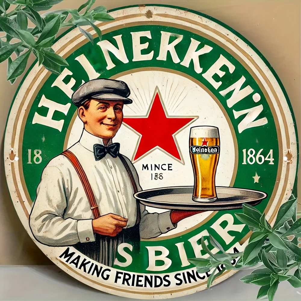 2D 플랫 빈티지 맥주 금속 벽 장식 8x8인치 원형 알루미늄 장식 플라크 1864년부터 친구들이다 레트로 그린 디자인 벽 장식