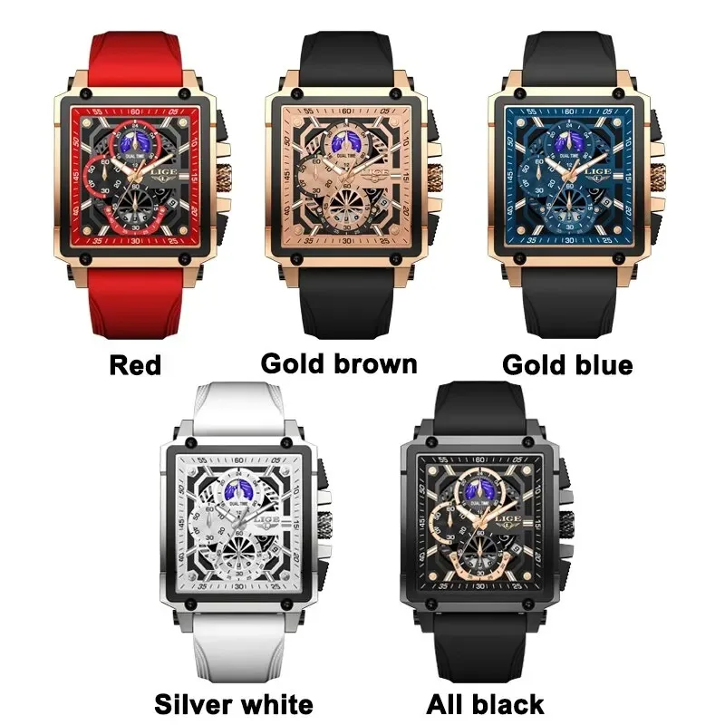 Nový LIGE pánská hodinky káča značka luxusní dutý hranatý sport hodinky pro muži móda silikon řemen vodotěsný křemen wristwatch+box