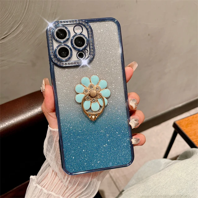 Luxury Plating Flash Diamond Frame Glitter Phone Case with Holder Stand Cover