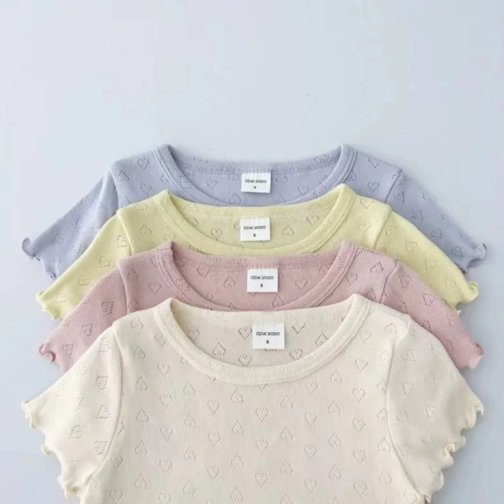 Summer Girl Baby Solid Hollow Out Short Sleeve T-shirt Boy Children Breathable Casual Tshirt Kid Cotton Tops Toddler Ruffle Tees