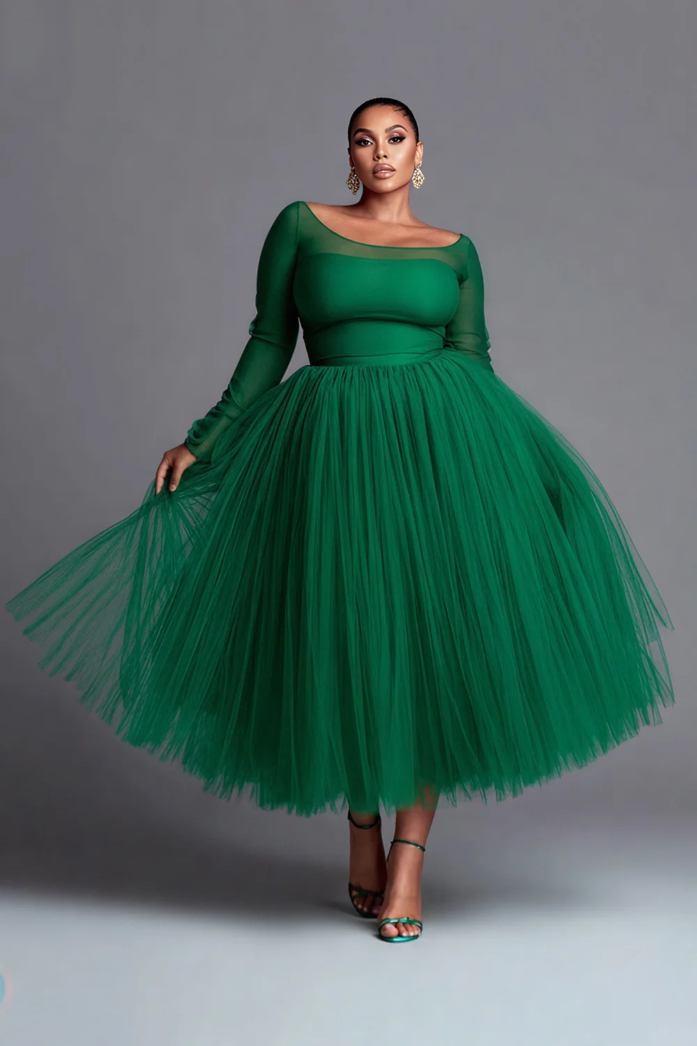 Plus Size Christmas Green Long Sleeve Contrast Elegant Tulle Midi Dresses
