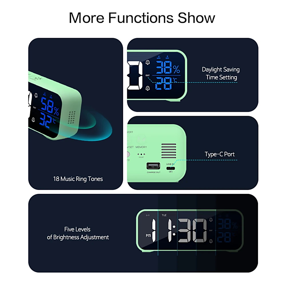 Music LED Digital Alarm Clock Voice Control Temperature Humidity Display Desktop Clocks Home Table Decoration Built-in 1200mAh 6