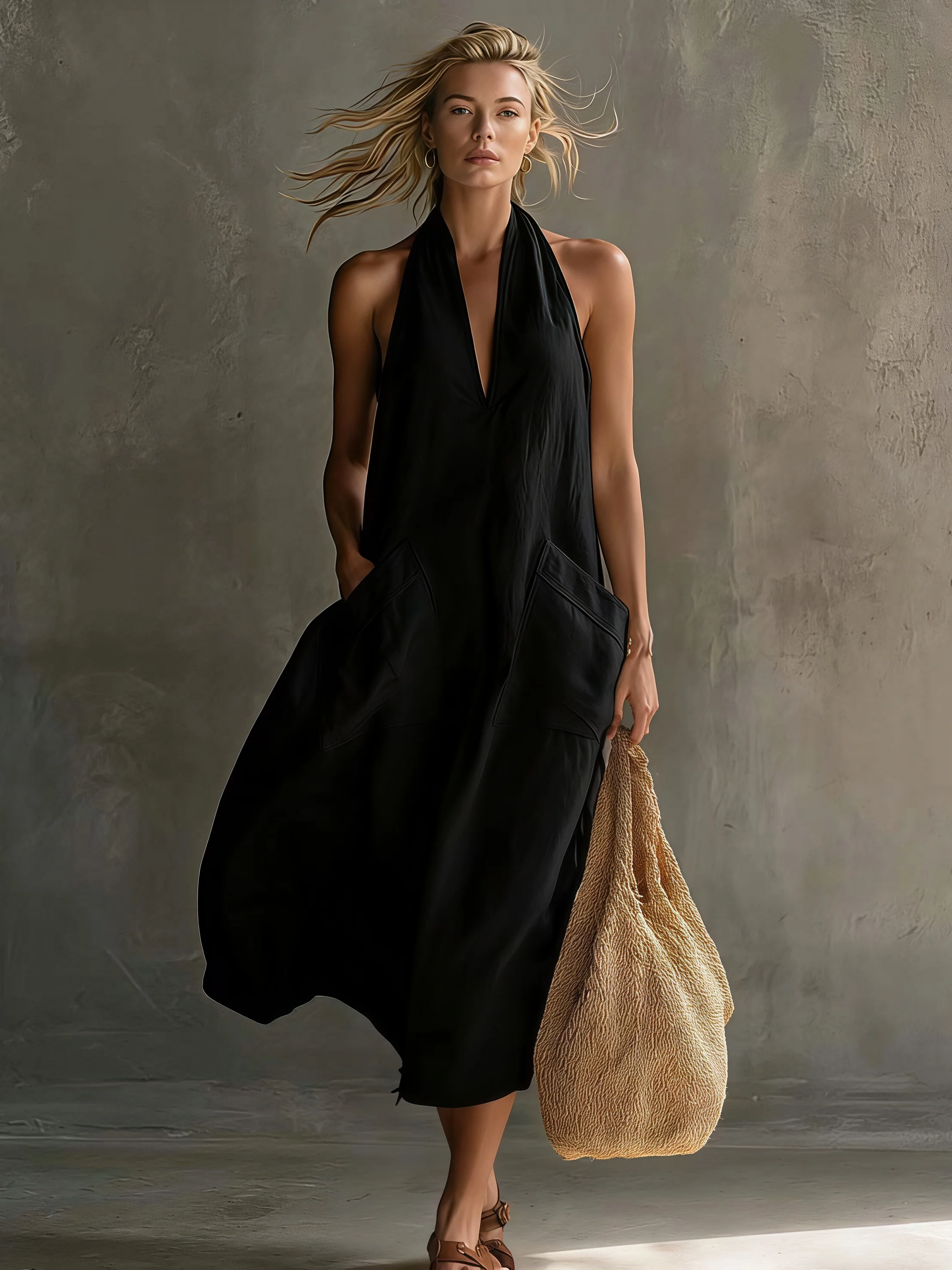 Women's Linen Halter Maxi Dress V Neck Sleeveless Loose Flowy Summer Casual Beach Dress with Pockets 4