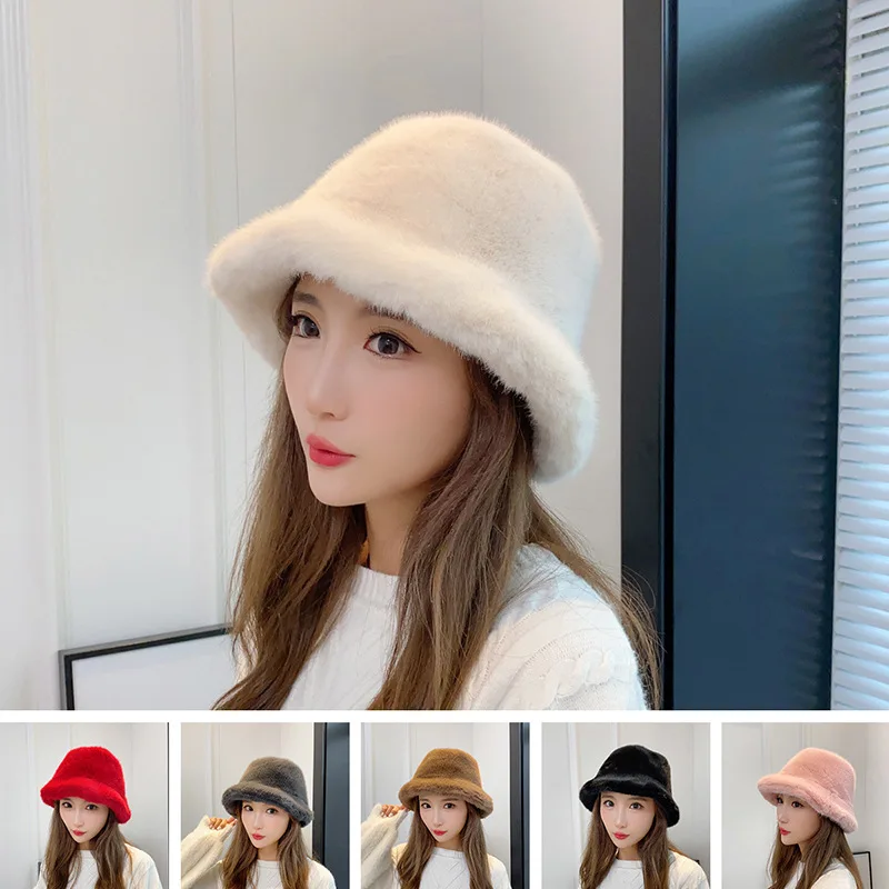 Fashion Women Fluffy Fur Bucket Hat Winter Warm Soft Plush Fisherman Panama Cap Femme Vintage Leopard Bob Sunbonnet Visors Gorro