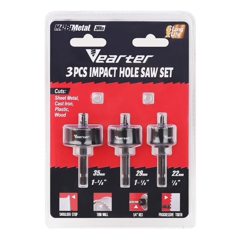 Vearter 3Pack 22/29/35mm M42 Bi-Metal Hole Saw Kit 6.35mm Hex Shank Impact Drill Bit Set For Sheet Metal Wood Plastic Steel Pvc