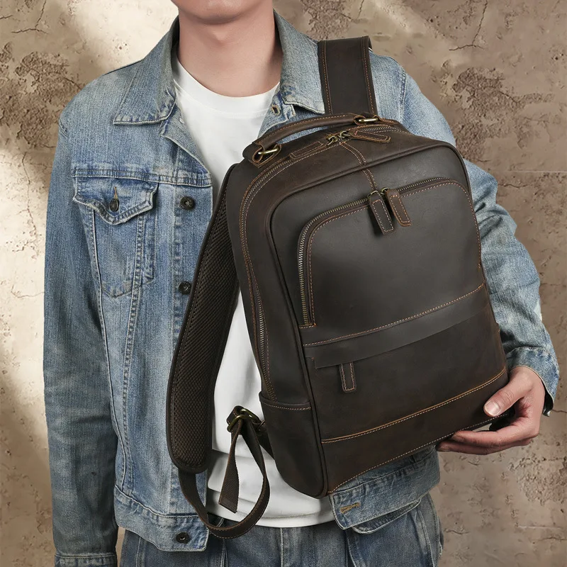 Crazy Horse Leather Backpack Men Casual Travel Bag School Bag