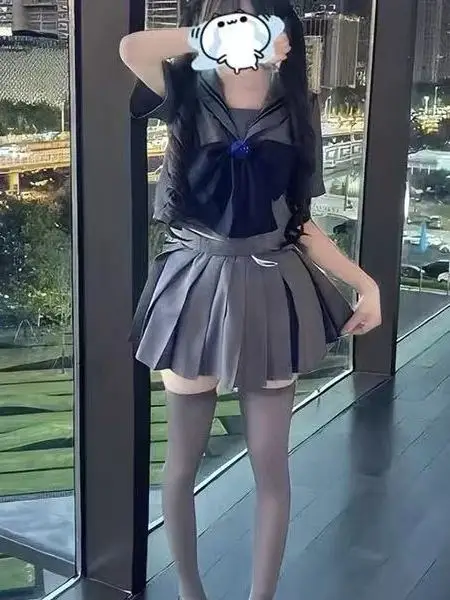 ダークガールカレッジセーラートップス+スカート+リボン+スカートチェーン
