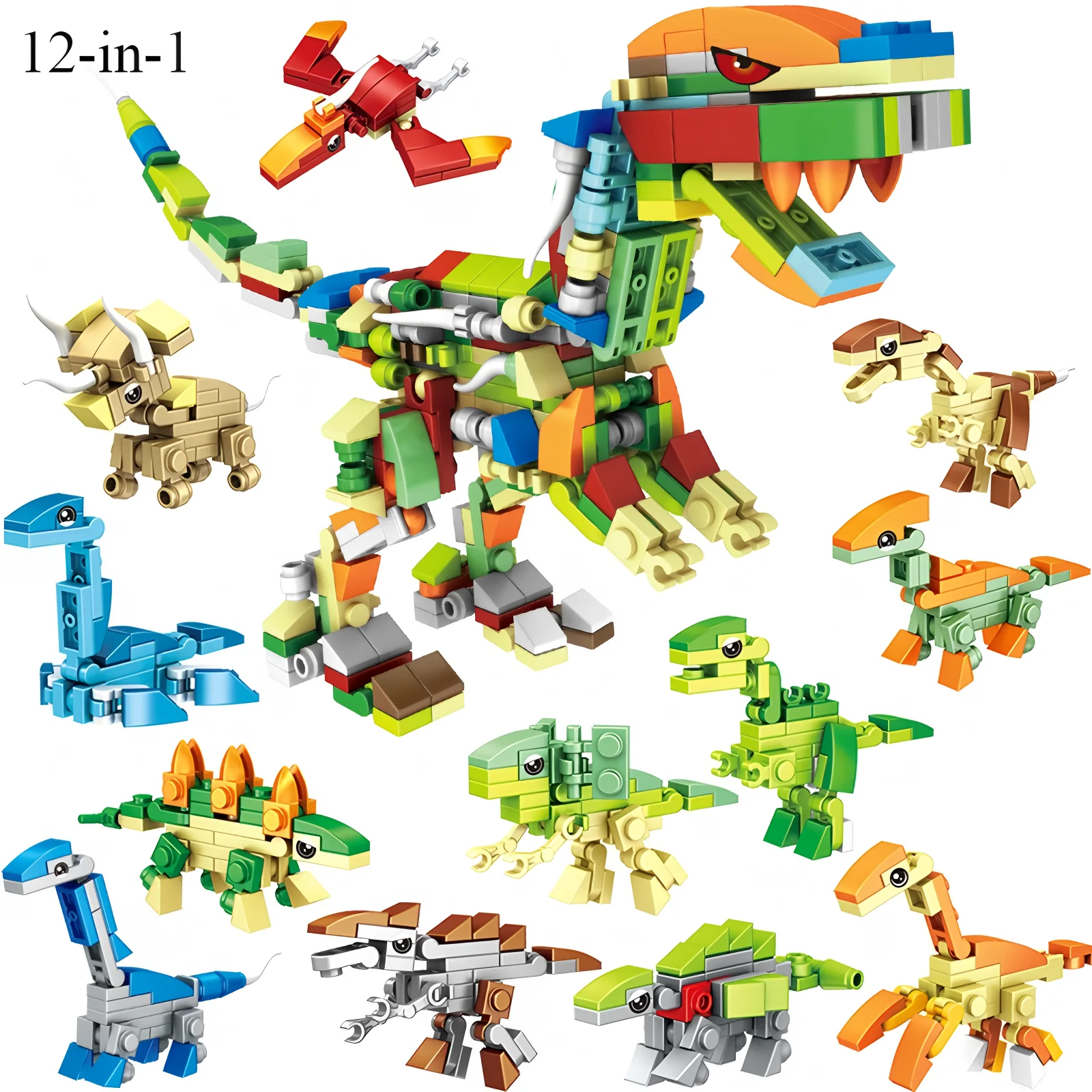 Neues 12-in-1-Dinosaurier-Baustein-Modell, Lernspielzeug für Kinder, Geburtstagsgeschenk, Weihnachtsgeschenk