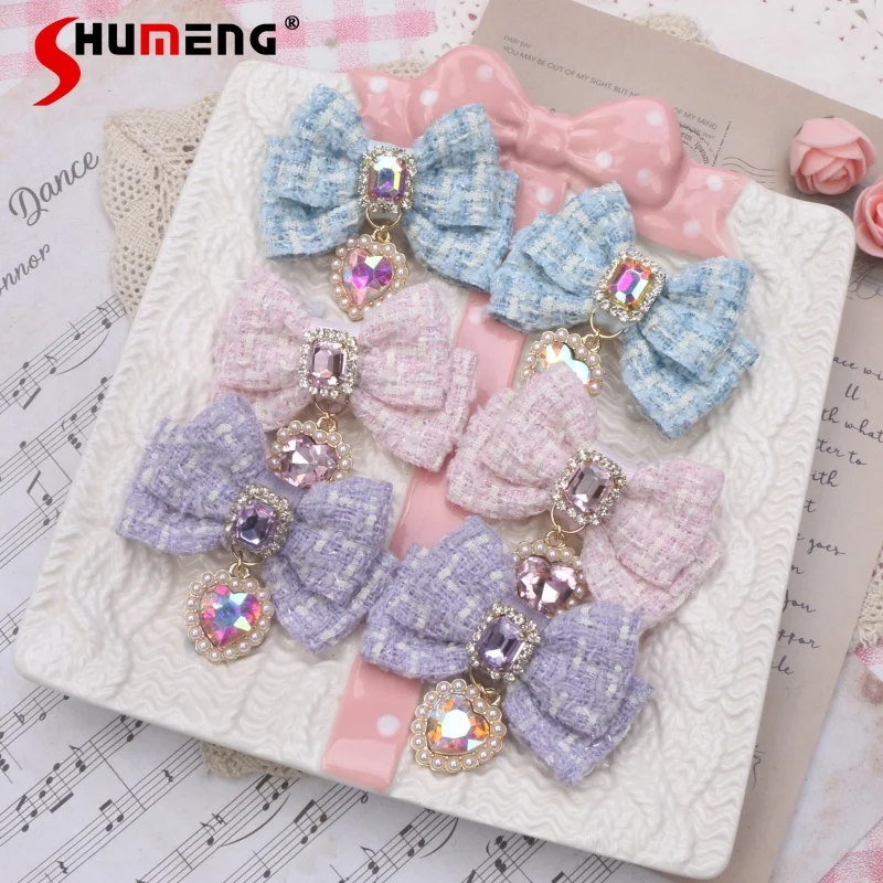 Lolita Bow Heart Rhinestone Hair Accessories Japanese Style Sweet Hairpin Cute Handmade Lady Pendant Small Pair Clip Side Clips lady fashion wedding headpiece korean hair accessories women s rhinestone crystal hairpin butterfly bow hair clips for girls