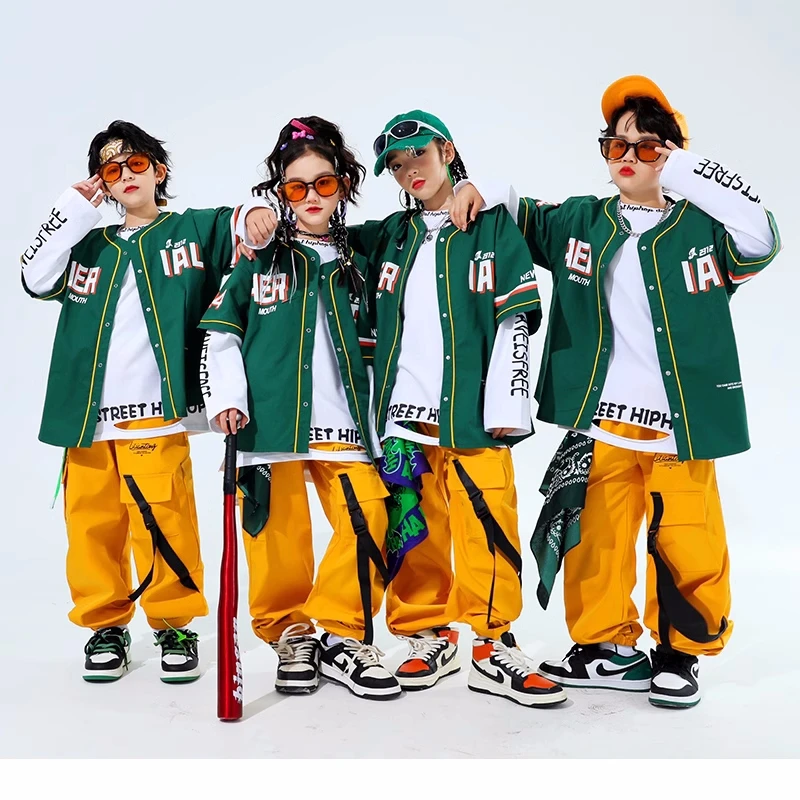 Hip Hop Kids Green Baseball Jacket Solid Cargo Pants Boys Girls Cool Streetwear Children Jazz Clothes Sets Street Dance Costumes