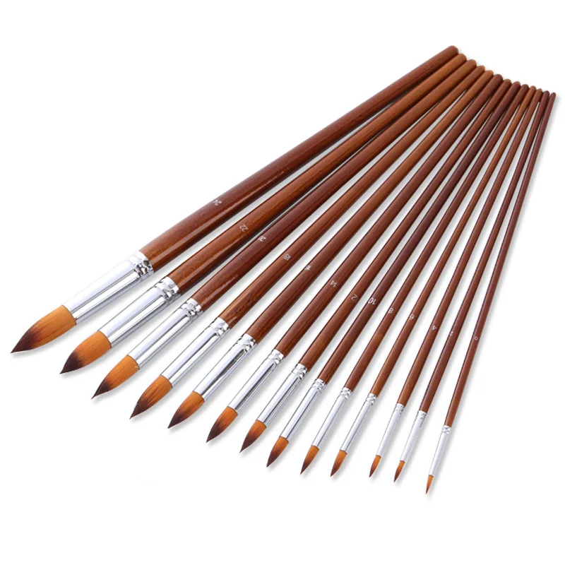 13pcs Round Artist Paint Brushes Set Nylon Hair Long Wood Handle Painting Brush for Oil Acrylic Watercolor Gouache Art Supplies