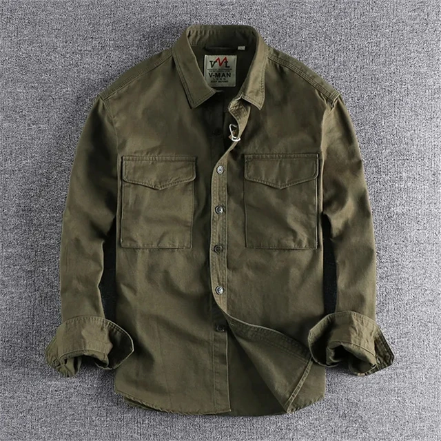 Retro Male Cargo Shirt Jacket Cotton Khaki Casual Work Mens Tops Clothing Camisas De Hombre - - AliExpress