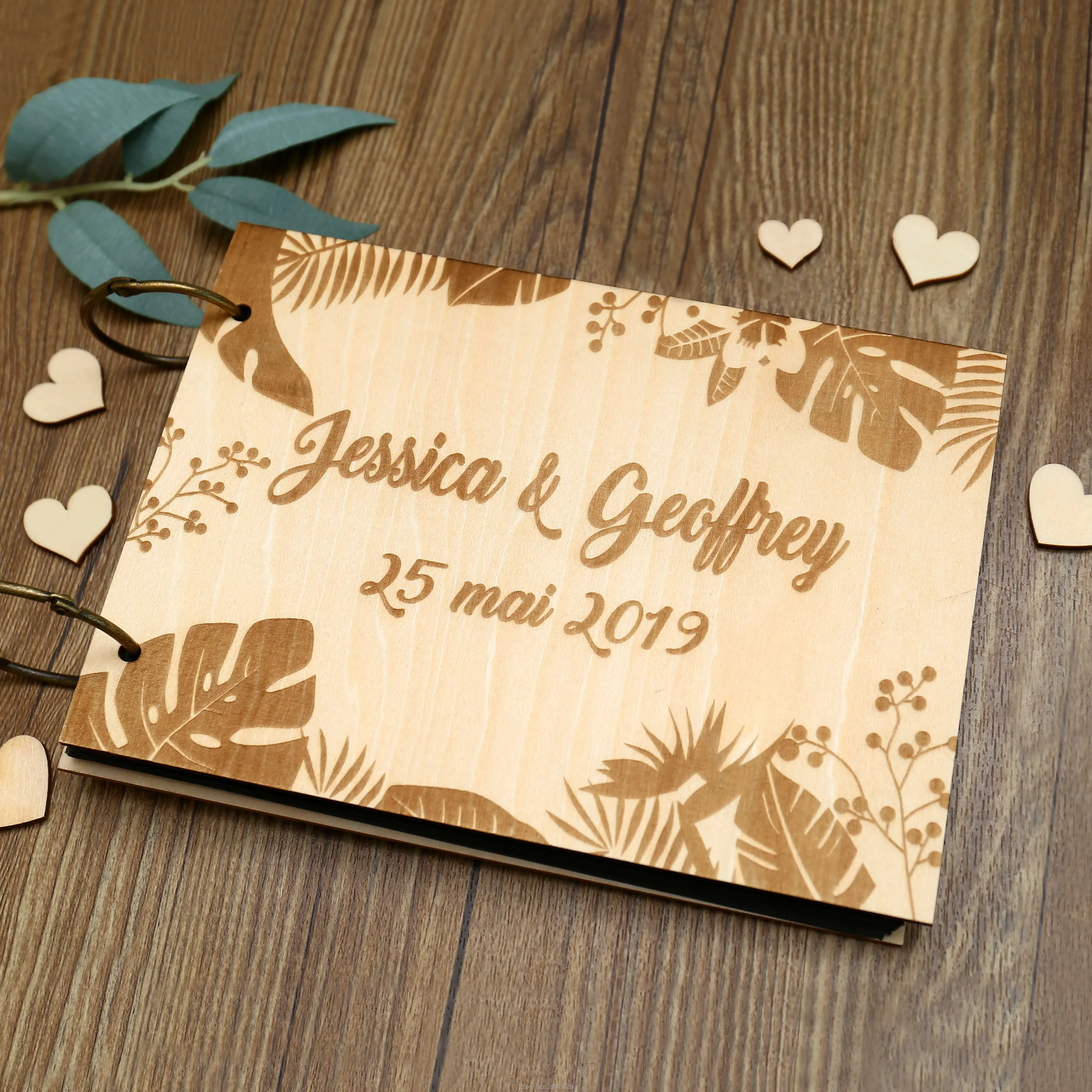 Rustic personalized wedding guest book,Tropical wooden Wedding guestbook, personalized Summer photo album