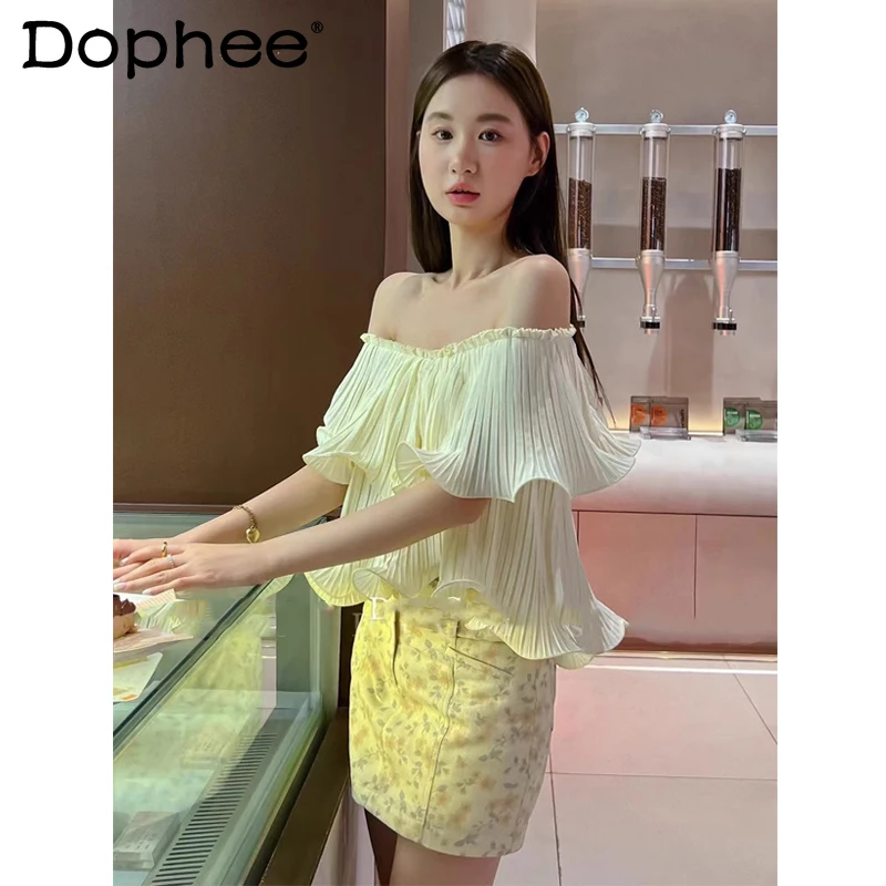 

Sexy Off-Shoulder Ruffled Sweet Pink Shirt Women Chic Crop Tops 2023 Summer New Temperament Hot Girl Pleated Blouse Blusas Mujer