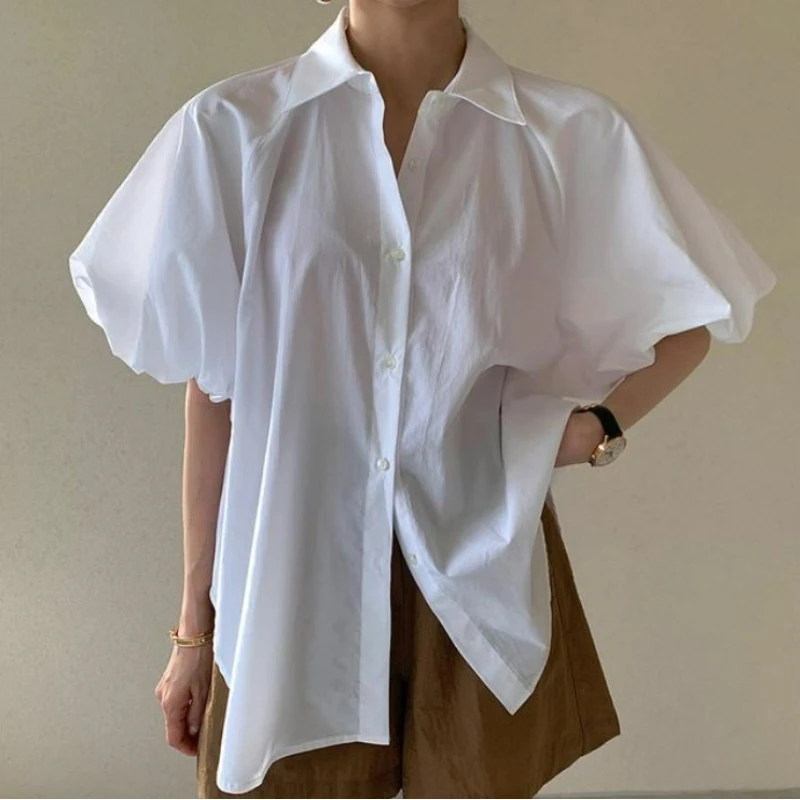 Women's Short Lantern Sleeve Blouse French Style Shirt Turn Down Collar Loose Clothes Solid Blue Office Lady Summer 8385