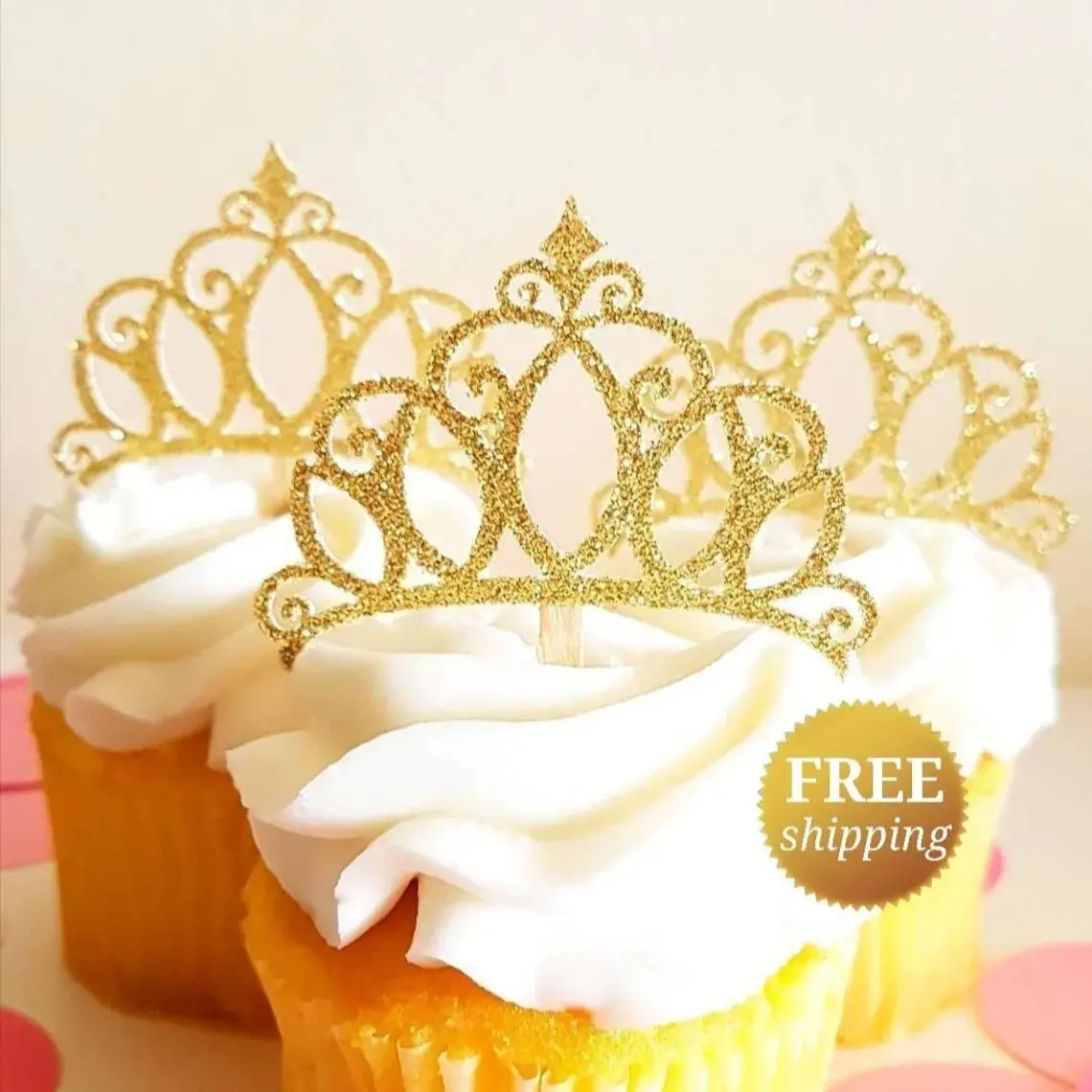 24Pcs Princess Crown Cupcake Toppers Glitter Crown Toppers Gold Glitter Crown Toppers Princess Baby Shower Glitter Tiara Princes
