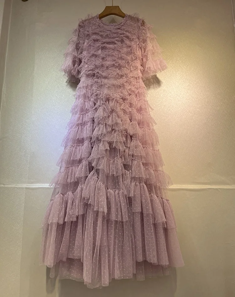 

Top Quality New 2024 Spring Summer Wedding Party Women Long Dresses Polka Dot Prints Cascading Ruffle Flower Long Gown Dress XL